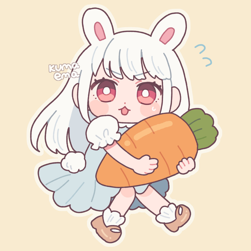 1girl animal_ears artist_name blush bright_pupils brown_footwear carrot emma_(kumaema) highres holding holding_carrot long_hair original outline oversized_food oversized_object rabbit_ears rabbit_girl red_eyes simple_background solo tan_background white_hair white_outline white_pupils