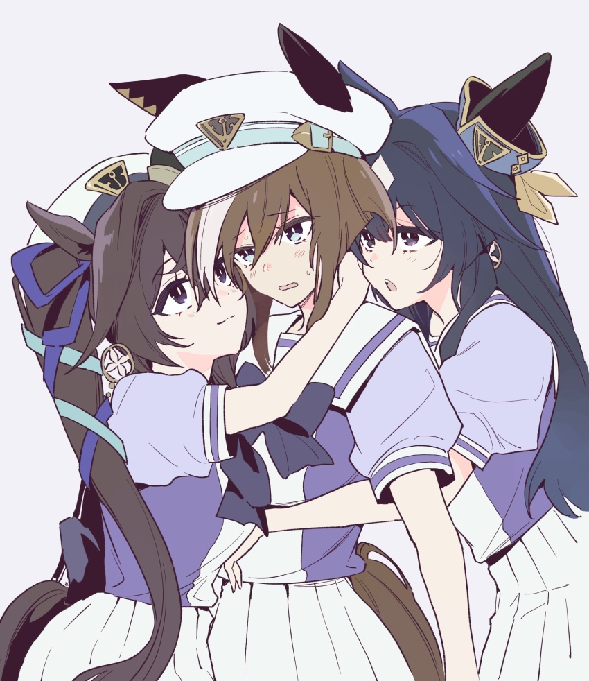 acm animal_ears black_hair blue_eyes bow bowtie brown_hair cheval_grand_(umamusume) ear_covers ears_through_headwear from_side grey_background hair_between_eyes hat hat_belt highres horse_ears horse_girl horse_tail hug long_hair looking_at_another multicolored_hair peaked_cap pleated_skirt puffy_short_sleeves puffy_sleeves purple_bow purple_bowtie purple_eyes purple_serafuku purple_shirt sailor_collar sailor_shirt school_uniform serafuku shirt short_hair short_sleeves siblings simple_background sisters skirt streaked_hair tail tracen_school_uniform twintails umamusume verxina_(umamusume) vivlos_(umamusume) white_hair white_headwear white_skirt