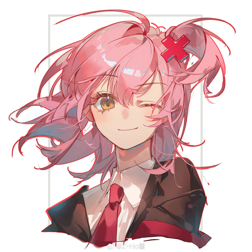 1girl armband black_jacket blazer closed_mouth collared_jacket collared_shirt cropped_torso eyelashes floating_hair hair_between_eyes hair_ornament happy highres hinamori_amu jacket lapels long_hair necktie notched_lapels one_eye_closed one_side_up pink_hair red_armband red_necktie school_uniform seiyo_academy_school_uniform shirt shugo_chara! smile solo watermark weibo_watermark white_background white_shirt x_hair_ornament yellow_eyes z-ho