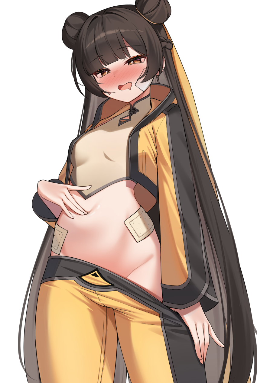 1girl absurdres black_hair black_survival blush breasts brown_eyes double_bun drooling eternal_return:_black_survival hair_bun highres jacket li_dailin long_hair long_sleeves navel navel_fingering open_mouth pants simple_background small_breasts solo stomach very_long_hair white_background yellow_jacket yellow_pants ziro_(zirorong)