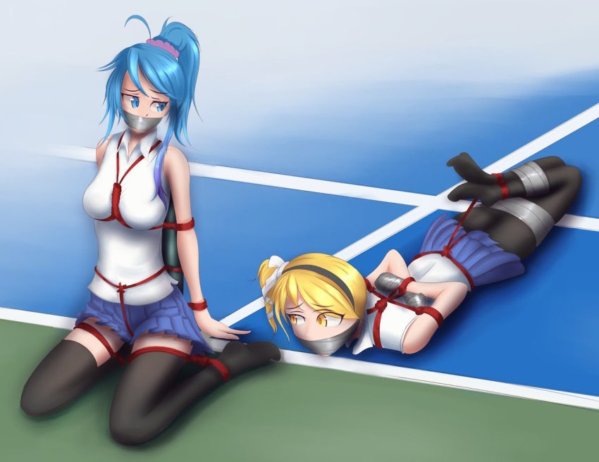 2girls arms_behind_back bdsm blonde_hair blue_eyes blue_hair bondage bondage_mittens bound breasts crotch_rope frogtie gag gagged hogtie improvised_gag kagyakusetsu mashiro_yozakura multiple_girls pantyhose ryu shibari tape tape_gag taped_fingers taped_hands yellow_eyes yumeo