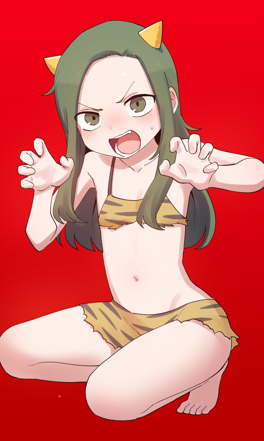 1girl absurdres animal_print blush claw_pose fake_horns fang flat_chest green_eyes green_hair highres horns igarashi_futaba medium_hair navel oni oni_costume senpai_ga_uzai_kouhai_no_hanashi setsubun shiromanta squatting strapless tiger_print tube_top yellow_tube_top