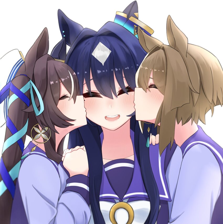 3girls animal_ears birthday blue_hair blue_ribbon blush bow bowtie brown_hair cheek_kiss cheval_grand_(umamusume) dark_blue_hair double_cheek_kiss earrings facing_viewer hair_ribbon highres horse_ears horse_girl horseshoe_ornament jewelry kiss kissing_cheek long_hair mole mole_under_eye multicolored_hair multiple_girls purple_serafuku purple_shirt rbxlaifjzlilxep ribbon sailor_collar sailor_shirt school_uniform serafuku shirt short_hair siblings single_earring sisters streaked_hair tracen_school_uniform twintails umamusume upper_body v_sisters verxina_(umamusume) vivlos_(umamusume) white_bow white_bowtie white_hair