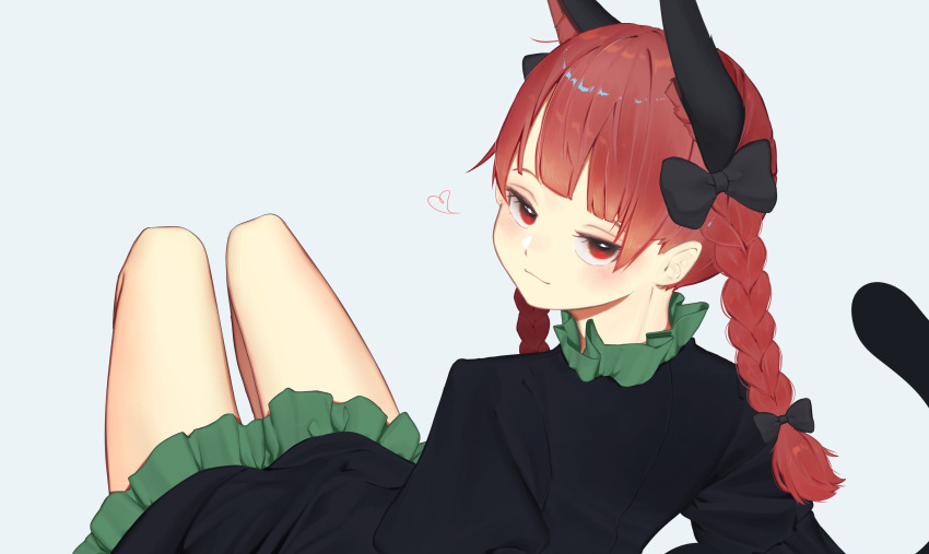 1girl :3 animal_ear_fluff animal_ears blush bow braid cat_ears cat_tail dress extra_ears green_dress heart highres kaenbyou_rin kuromori_o legs looking_at_viewer red_eyes red_hair simple_background smile smug solo spoken_heart tail touhou twin_braids