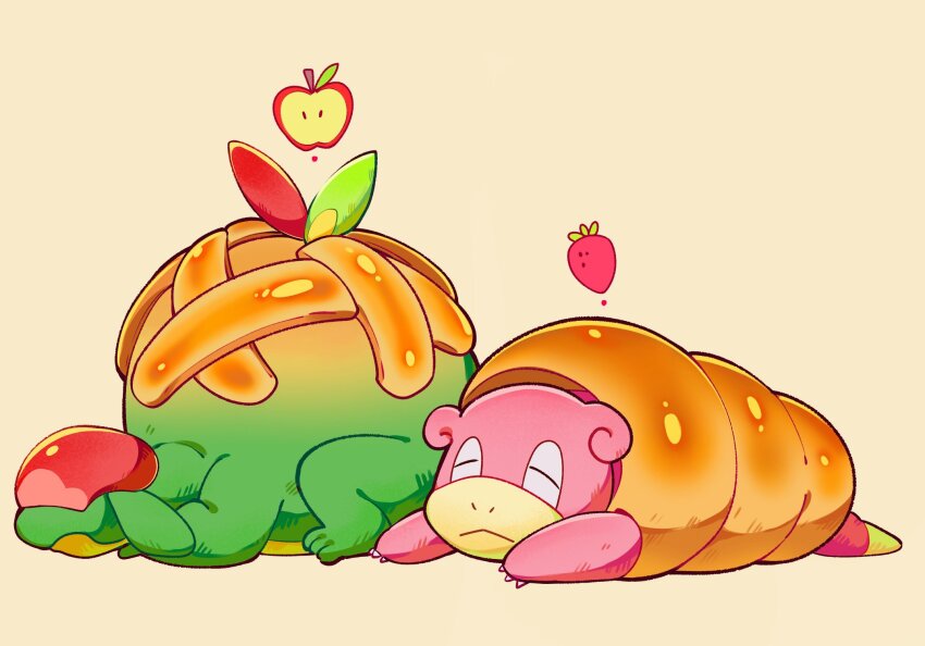 :&lt; animal_focus apple appletun claws closed_eyes closed_mouth commentary food fruit game_freak gen_1_pokemon gen_8_pokemon highres lying mega_pokemon mega_slowbro nintendo on_stomach pokemon selyg15 simple_background slowbro strawberry symbol-only_commentary