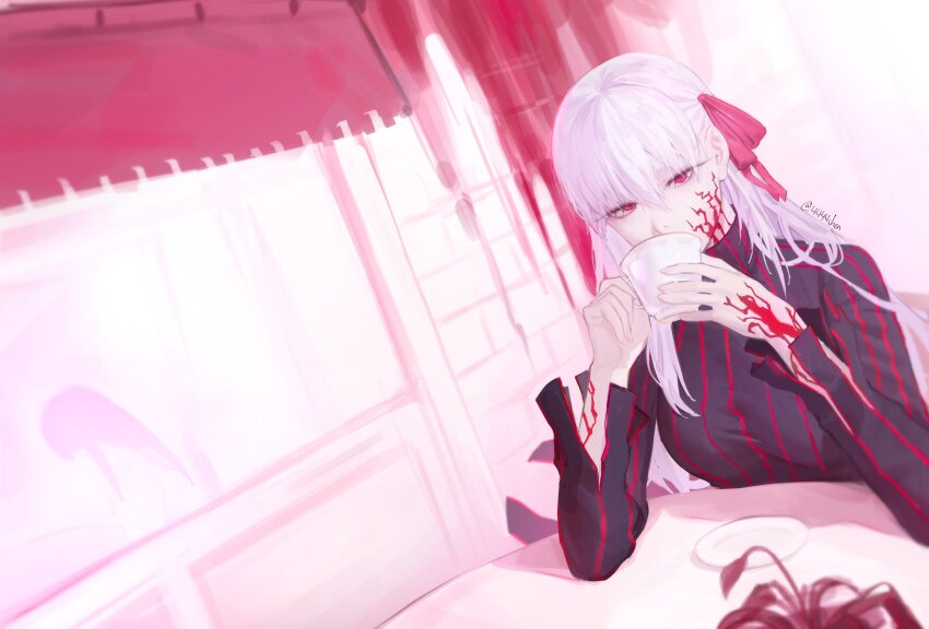 1girl 4444chen absurdres black_dress body_markings cup dark_sakura dress drinking fate/stay_night fate_(series) highres long_hair looking_at_viewer matou_sakura red_eyes sitting solo teacup upper_body white_hair