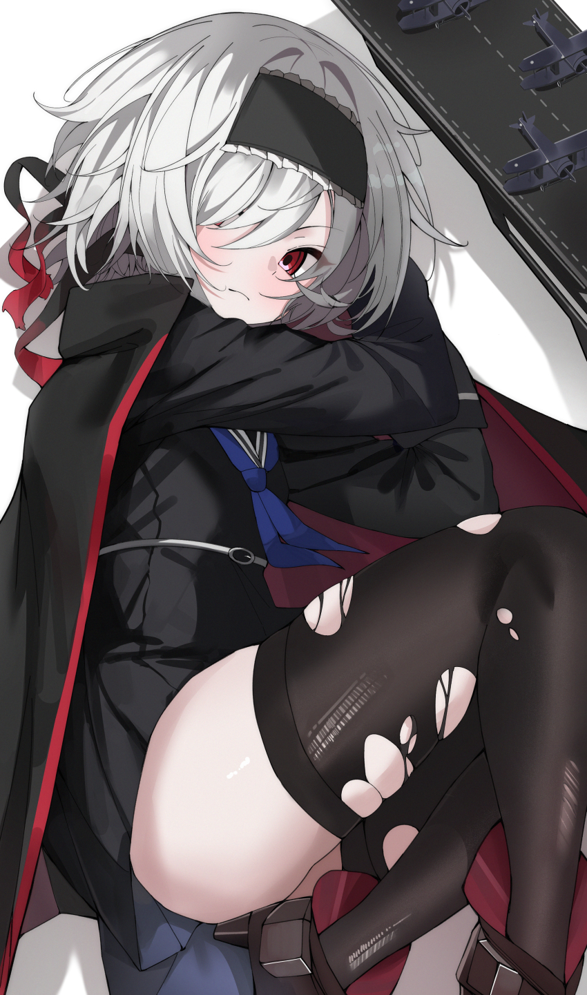 1girl absurdres alternate_costume azur_lane black_cape black_hairband black_shirt black_skirt black_thighhighs blue_neckerchief blush bon_homme_richard_(azur_lane) bon_homme_richard_(meta)_(azur_lane) breasts cape collarbone commission delinquent frilled_hairband frills hair_over_one_eye hairband highres long_sleeves looking_at_viewer mango_(mango0208) neckerchief pixiv_commission pleated_skirt red_eyes school_uniform shirt skirt small_breasts solo sukeban thighhighs torn_clothes torn_thighhighs white_hair
