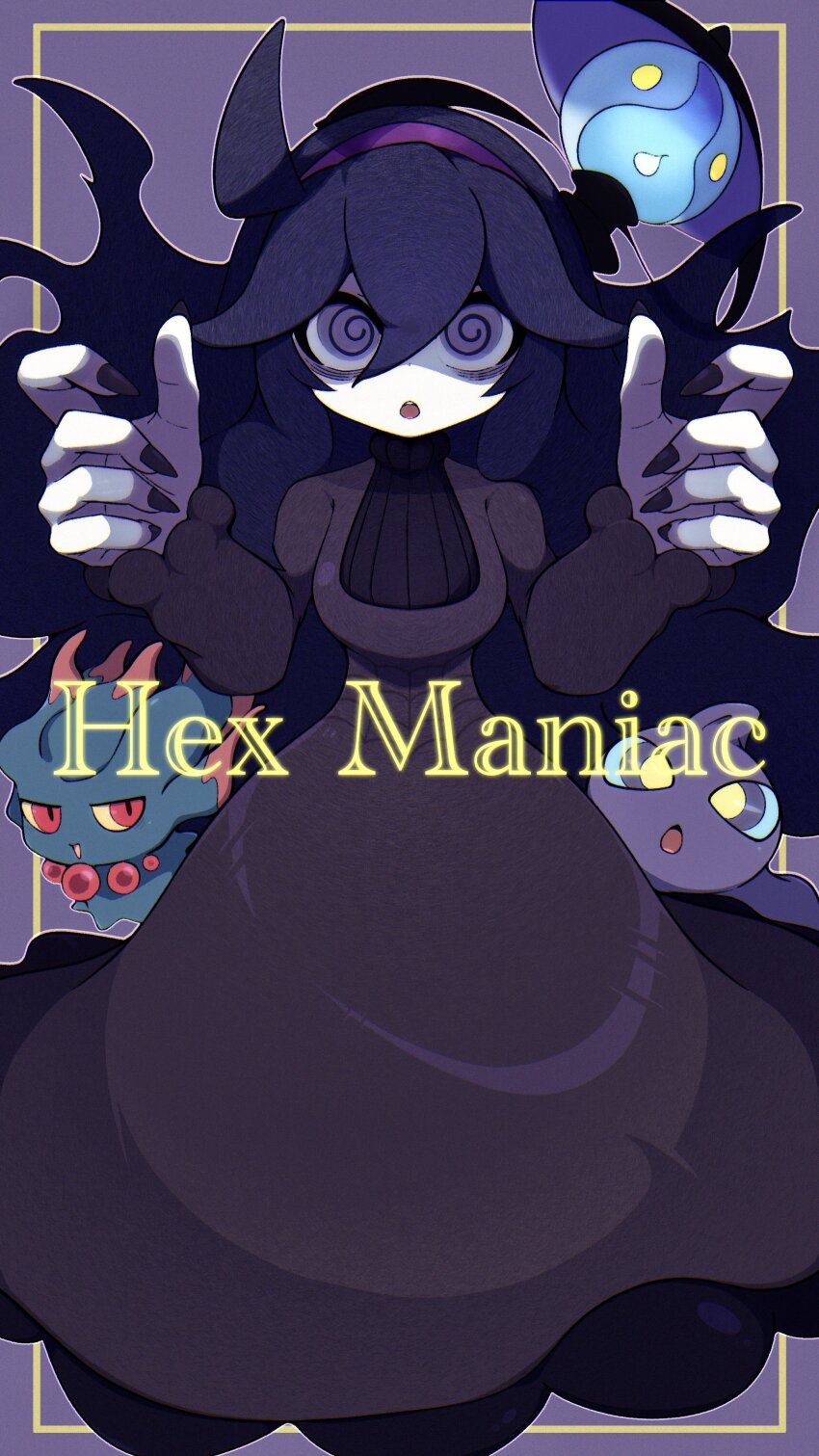 1girl :o absurdres afuron bags_under_eyes black_hair black_nails character_name commentary_request dress gen_2_pokemon gen_3_pokemon gen_5_pokemon hair_between_eyes hairband hex_maniac_(pokemon) highres lampent long_hair long_sleeves looking_at_viewer misdreavus nail_polish nintendo open_mouth pokemon pokemon_(creature) pokemon_xy purple_hairband shaded_face shuppet