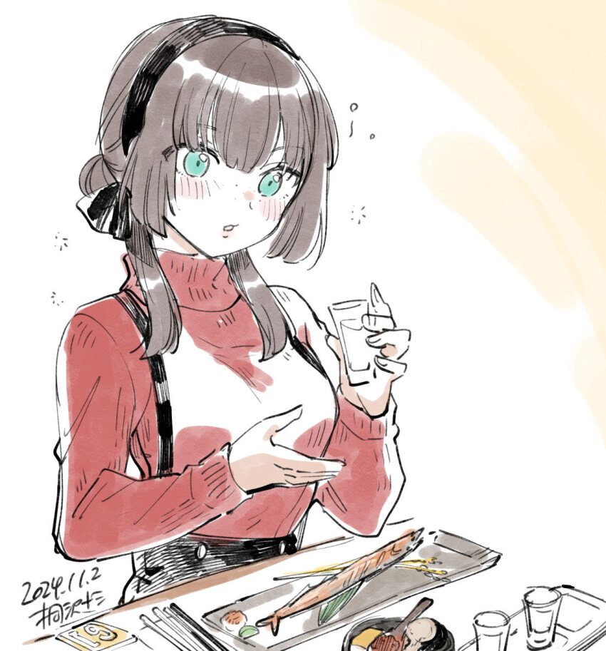 1girl blue_eyes blush brown_hair fish food highres kantai_collection kirisawa_juuzou mogador_(kancolle) mogador_(saury_festival)_(kancolle) red_sweater solo sweater upper_body