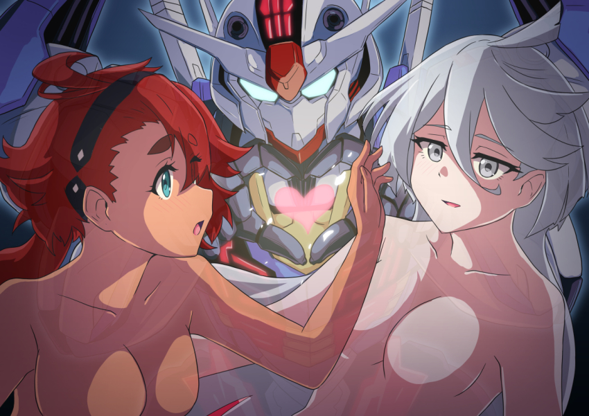 2girls ahoge antennae aqua_eyes black_hairband breasts collarbone commentary_request cowboy_shot glowing glowing_eyes grey_eyes gundam gundam_aerial gundam_seed gundam_seed_destiny gundam_suisei_no_majo hairband heart heart_hands ka-9 looking_at_another low_ponytail mecha medium_breasts miorine_rembran mobile_suit multiple_girls no_nipples nude open_mouth parody ponytail red_hair robot suletta_mercury v-fin yuri