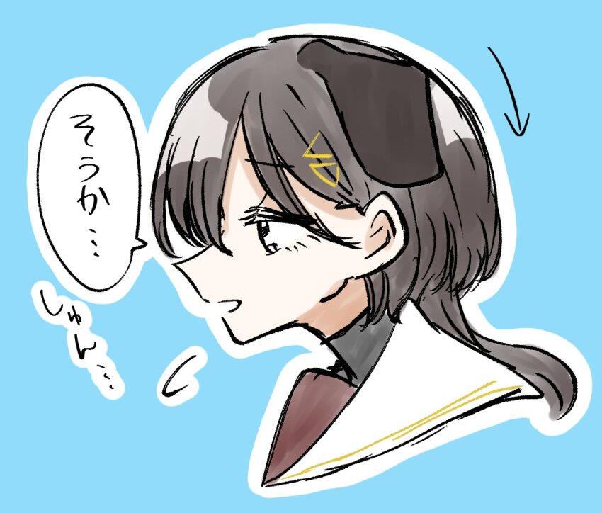 1girl :d animal_ears blue_background commentary_request cropped_shoulders dog_ears ears_down flying_sweatdrops grey_hair hair_ornament hasu_no_sora_school_uniform katsuragi_izumi kemonomimi_mode link!_like!_love_live! long_hair love_live! open_mouth outline profile puripuri_hurai sailor_collar school_uniform simple_background smile solo speech_bubble translation_request triangle_hair_ornament virtual_youtuber white_outline white_sailor_collar winter_uniform wolf_cut