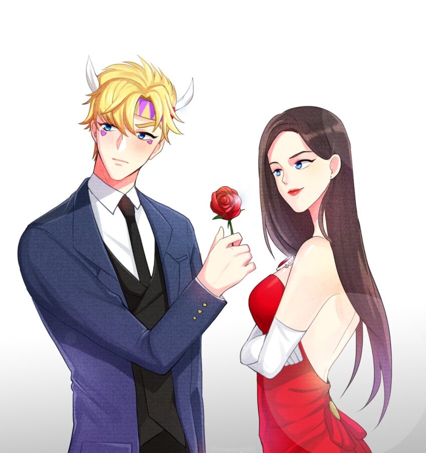 1boy 1girl 66_gousen battle_tendency blonde_hair blue_eyes blue_jacket blush breasts brown_hair caesar_anthonio_zeppeli closed_mouth dress elbow_gloves facial_mark feather_hair_ornament feathers flower gloves hair_ornament headband highres holding holding_flower jacket jojo_no_kimyou_na_bouken lisa_lisa long_hair long_sleeves medium_breasts red_dress red_flower red_lips red_stone_of_aja shirt short_hair smile strapless strapless_dress white_gloves