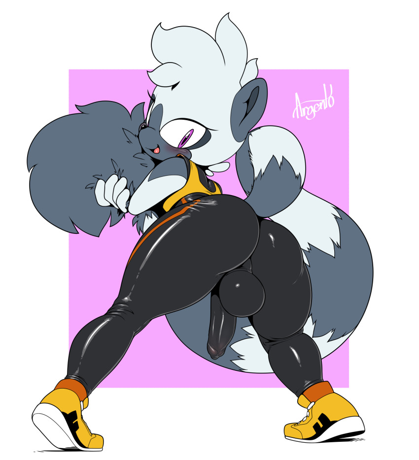 1futa argento ass bent_over blush bodysuit bulge crop_top erection erection_under_clothes eyelashes from_behind furry furry_female futanari highres hugging_tail lemur looking_at_viewer medium_penis open_mouth penis purple_eyes shoes simple_background skin_tight sneakers solo sonic_(series) tail tangle_the_lemur testicles thighs
