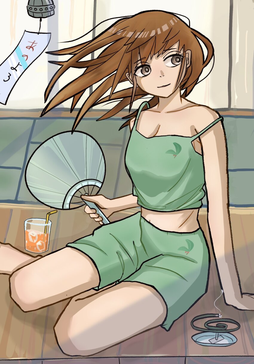 1girl arm_support barefoot brown_hair camisole collarbone crop_top drinking_straw glass green_camisole green_shorts grey_eyes hand_fan highres holding holding_fan ice ice_cube looking_to_the_side medium_hair midriff mosquito_coil original shorts sitting smoke solo summer wataru_(2qoyz9k5ookixcs) wind wooden_floor yokozuwari