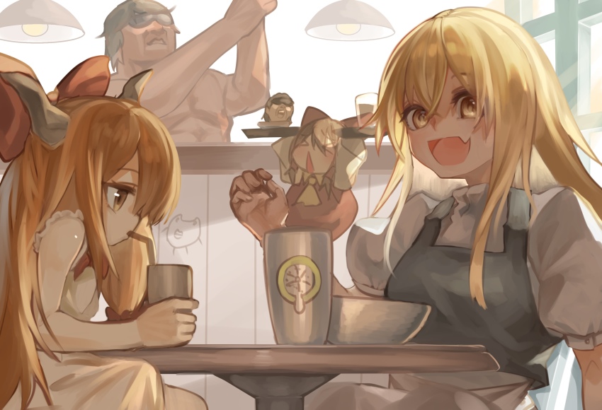 &gt;_&lt; 1boy 3girls absurdres ascot bartender black_vest bow bowl breasts brown_hair ceiling_light closed_mouth commentary_request cookie_(touhou) cup detached_sleeves dress fang hair_between_eyes hair_bow hakurei_reimu hide_(acceed) highres horns ibuki_suika kirisame_marisa lamp long_hair looking_at_viewer manatsu_no_yo_no_inmu medium_breasts mini_person minigirl multiple_girls okasan01 open_mouth orange_eyes orange_hair puffy_short_sleeves puffy_sleeves red_bow red_dress sakenomi_(cookie) shirt short_hair short_sleeves skin_fang sleeveless sleeveless_shirt smile sunglasses table takuya_(acceed) touhou triangle_mouth upper_body uzuki_(cookie) vest white_shirt yamin_(cookie) yellow_ascot