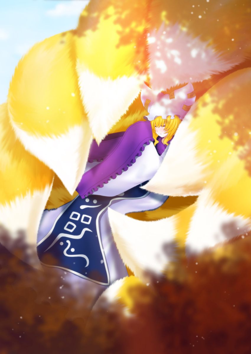 1girl bad_id bad_pixiv_id blonde_hair closed_eyes delant female_focus fox_tail hachifuku hat highres long_sleeves multiple_tails shadow short_hair sleeping sleeves_past_wrists solo tail touhou yakumo_ran
