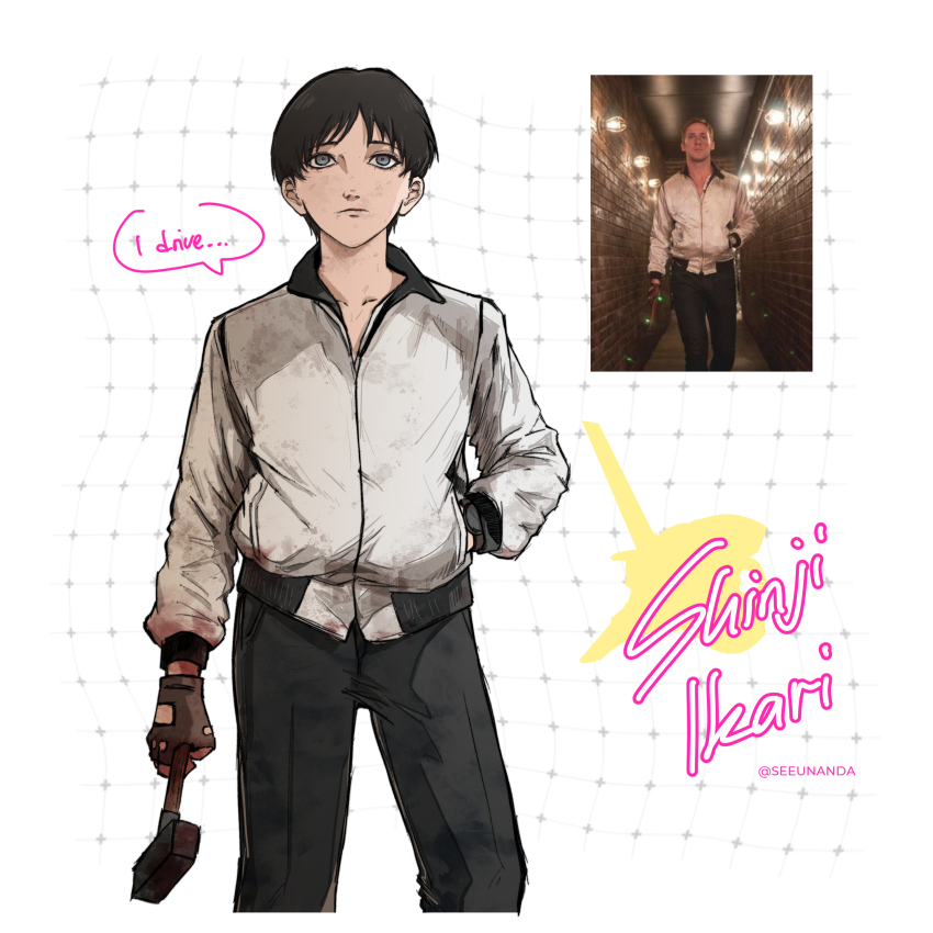 1boy absurdres black_hair black_pants blood blood_on_clothes bloody_weapon brown_gloves character_name drive_(movie) driver_(drive) fingerless_gloves gloves goslingposting_(meme) grey_eyes hammer hand_in_pocket highres holding holding_hammer ikari_shinji jacket male_focus meme neon_genesis_evangelion pants photo_inset reference_inset seeunanda short_hair speech_bubble weapon white_jacket