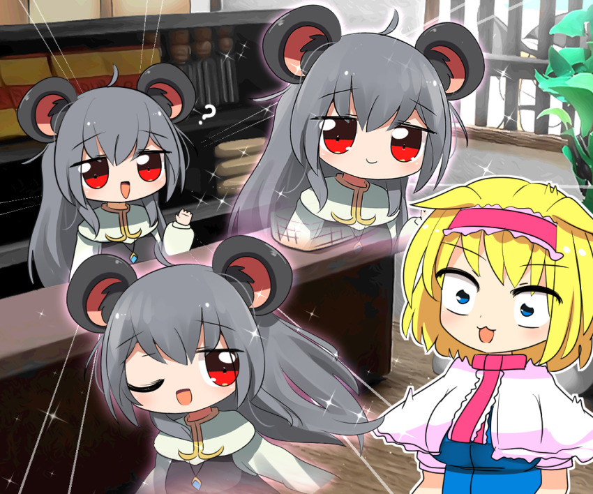 :3 ? alice_margatroid alternate_hair_length alternate_hairstyle animal_ears blonde_hair blue_dress blue_eyes breasts capelet commentary_request cookie_(touhou) counter dress frilled_hairband frills grey_hair grey_vest hairband ichigo_(cookie) indoors jewelry large_breasts lets0020 long_hair long_sleeves looking_at_another mouse_ears mouse_girl nazrin necklace nyon_(cookie) one_eye_closed open_mouth pink_capelet plant potted_plant red_eyes shirt short_hair smile touhou upper_body vest white_shirt