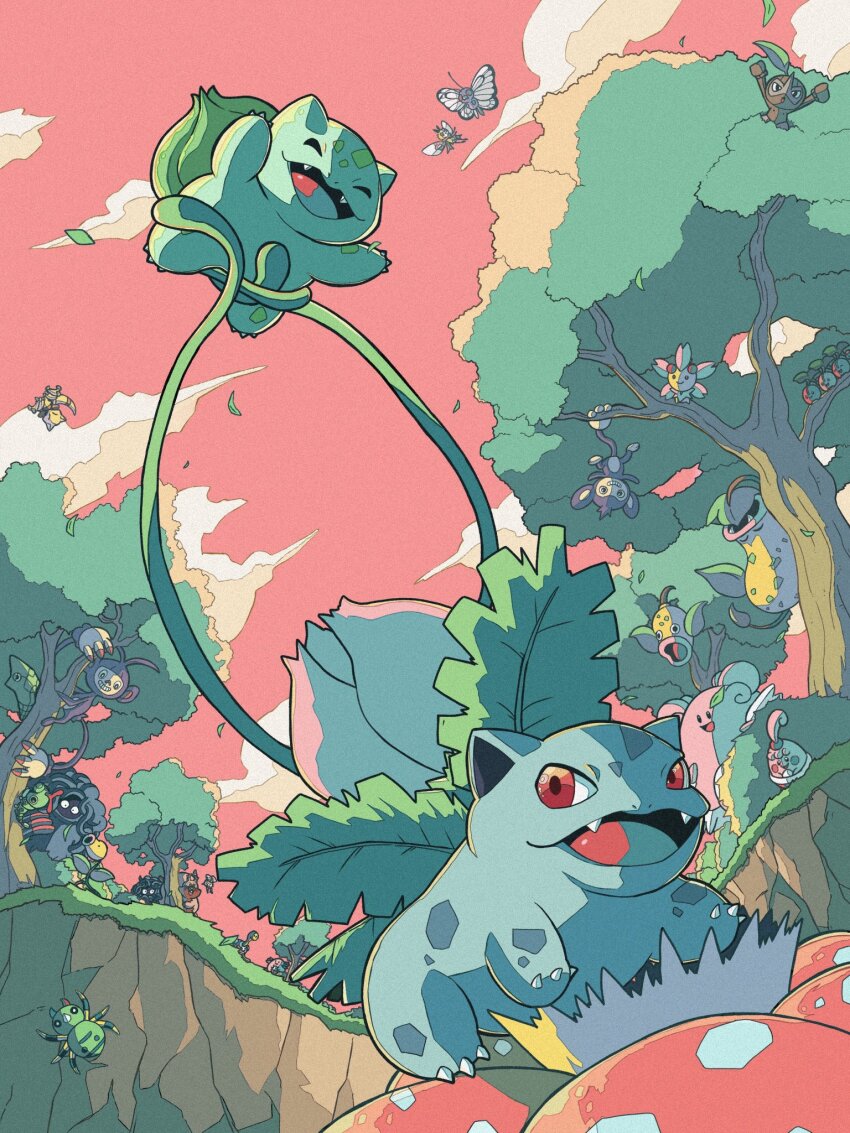 abra aipom ambipom beedrill bellsprout blissey bulbasaur butterfree caterpie chansey character_request cherrim cherrim_(sunshine) cherubi cloud debudebumetabo falling_leaves game_freak gen_1_pokemon gen_2_pokemon gen_3_pokemon gen_4_pokemon gen_8_pokemon greedent happiny highres holding holding_pokemon ivysaur leaf metapod nintendo no_humans nuzleaf outdoors pokemon pokemon_(creature) shuckle sky spinarak tangela tangrowth tree venusaur victreebel weepinbell