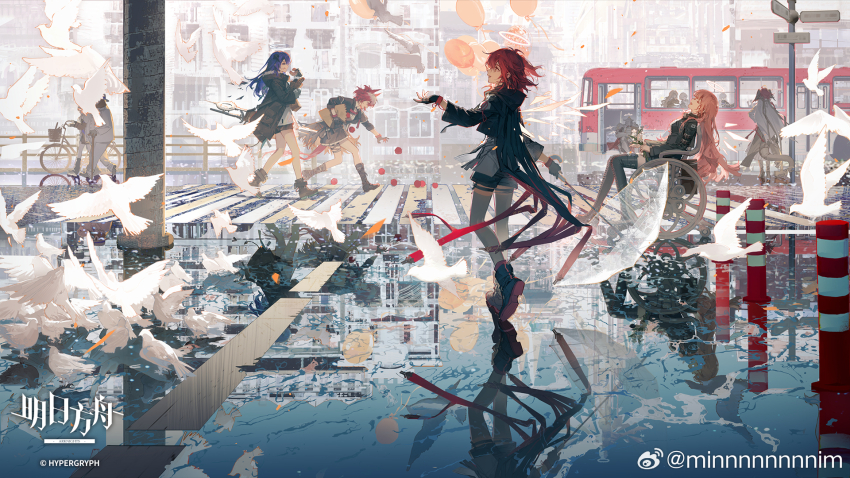 1boy 5girls apple arknights balloon bird black_boots black_jacket black_shoes black_wings blue_hair boots bus chinese_commentary commentary_request copyright_logo copyright_notice crosswalk demon_horns detached_wings donut dove energy_wings exusiai_the_new_covenant_(arknights) fiammetta_(arknights) food fruit gracebearer_(arknights) halo head_wings highres holding horns jacket lemuen_(arknights) min_(120716) mostima_(arknights) motor_vehicle multiple_girls official_art people red_hair reflection road road_sign sankta_miksaparato_(arknights) shoes shorts sign sleeping staff standing tail thigh_boots traditional_halo walking watermark weibo_watermark wheelchair white_halo wings