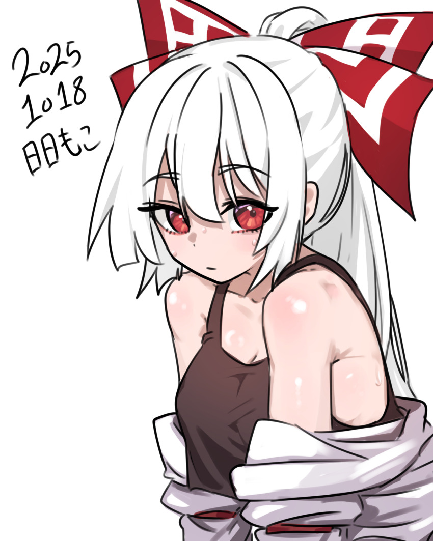 1girl absurdres bow breasts brown_tank_top commentary_request dated dated_commentary dot_nose fujiwara_no_mokou hair_between_eyes hair_bow highres long_hair medium_breasts neophyte ponytail red_bow red_eyes shirt shirt_partially_removed shoulder_blush simple_background solo sweat tank_top touhou upper_body white_background white_bow white_hair white_shirt