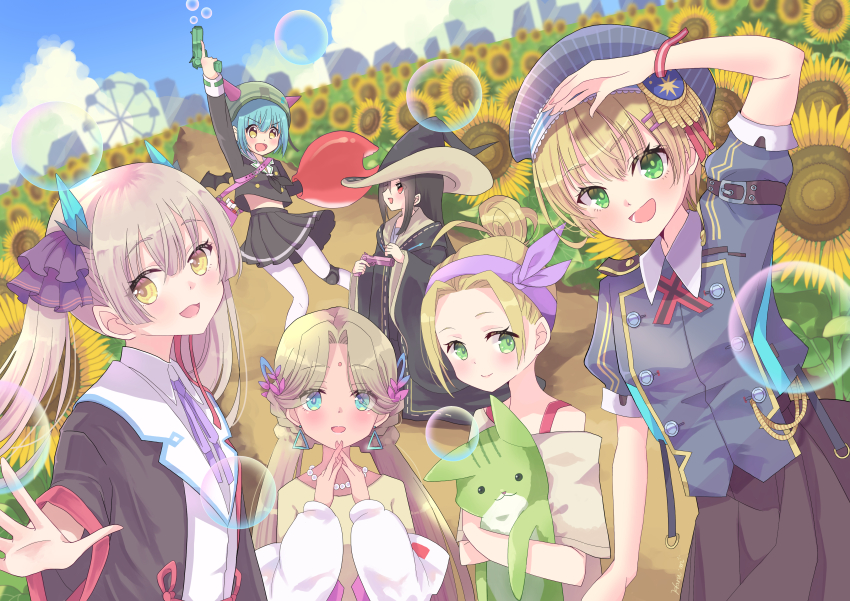 6+girls absurdres ahoge bindi black_hair black_robe blonde_hair brown_hair bubble_gun bungo_yayoi coat crab_claw earrings fake_horns fake_wings green_eyes green_hair hair_bun hair_ornament hair_over_one_eye hairband hat heaven_burns_red highres horns jewelry long_hair long_sleeves maruyama_kanata multiple_girls neck_ribbon nemuri_haru ogasawara_hisame ooshima_yotsuha pleated_skirt ponytail red_eyes ribbon robe shirt short_hair skirt stuffed_toy tenne_miko triangle_earrings twintails very_long_hair vritika_balakrishnan white_coat white_hair white_shirt wings witch_hat yellow_eyes