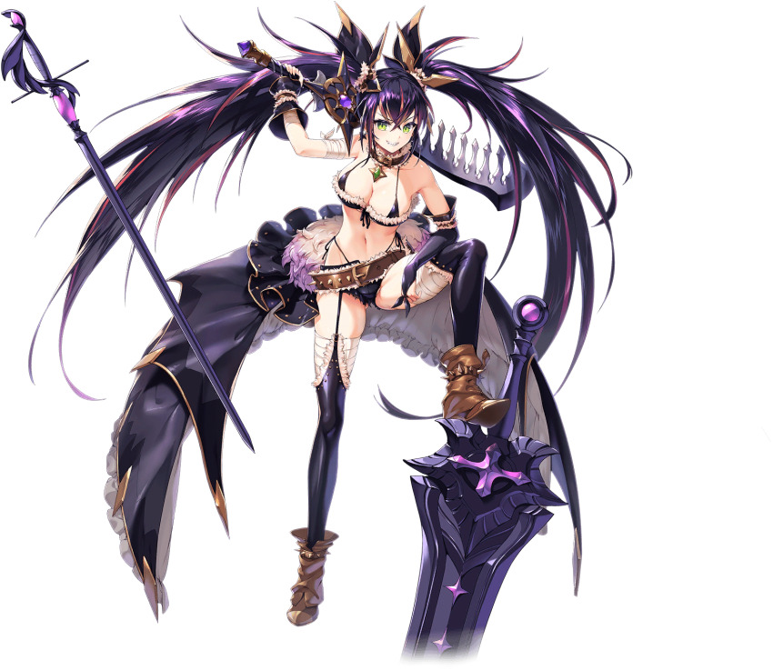 1girl arm_up artist_request bandages belt black_bra black_panties boots bra breasts collar full_body game_cg garter_straps green_eyes highres holding holding_sword holding_weapon multiple_swords navel official_art panties ponina_(unitia) purple_hair solo source_request spikes sword third-party_source transparent_background twintails underwear unitia weapon