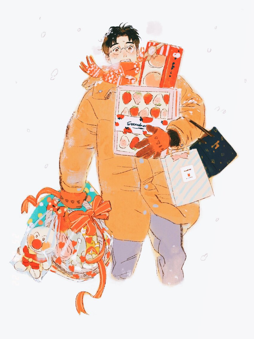 1boy bag basket breath brown_eyes brown_hair chengongzi123 coat commentary cropped_legs food fruit gift glasses gloves hand_up highres holding holding_gift jacket kogure_kiminobu long_sleeves looking_at_viewer male_focus orange_gloves orange_scarf rimless_eyewear round_eyewear scarf short_hair simple_background slam_dunk_(series) snow solo strawberry stuffed_toy symbol-only_commentary very_short_hair white_background winter yellow_coat