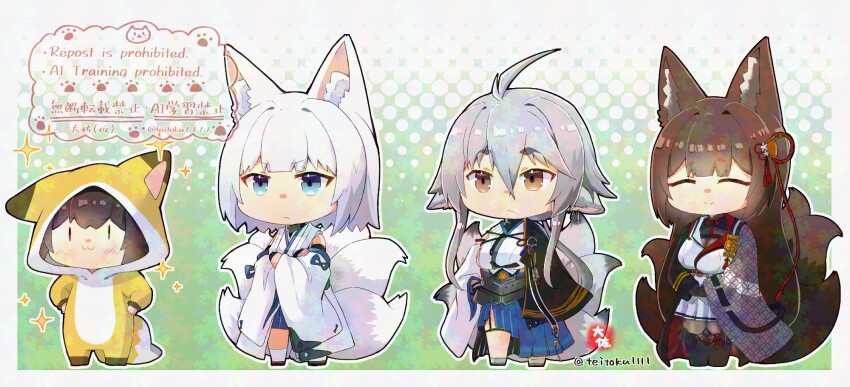 4girls :3 amagi_(azur_lane) amagi_(cv)_(azur_lane) animal_costume animal_ears bluesky_username chibi crossed_arms crossover fox_costume fox_ears fox_girl fox_tail full_body hands_on_own_hips highres hikimayu historical_name_connection kaga_(azur_lane) kaga_(battleship)_(azur_lane) kaga_(kancolle) kitsune kyuubi lineup multiple_girls multiple_tails name_connection sparkle tail taisa_(kari) tosa_(azur_lane) watermark