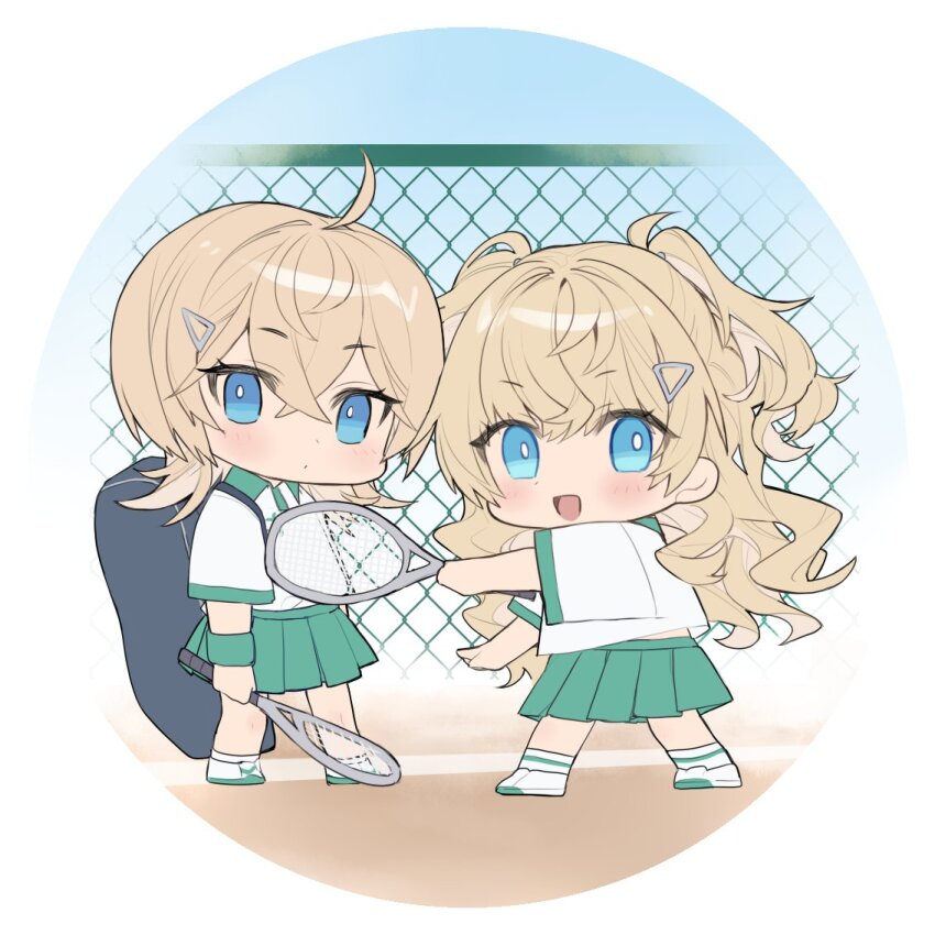 2girls bag blonde_hair blue_eyes blush chain-link_fence chibi closed_mouth collared_shirt crossed_bangs fence green_skirt hair_between_eyes hair_ornament hairclip holding holding_tennis_racket kantai_collection long_hair looking_at_viewer matching_outfits medium_hair minneapolis_(kancolle) minneapolis_(tennis)_(kancolle) multiple_girls open_mouth picoli1313 pleated_skirt racket shirt shoes short_sleeves skirt socks standing tennis_racket tuscaloosa_(kancolle) two_side_up white_shirt white_shoes white_socks