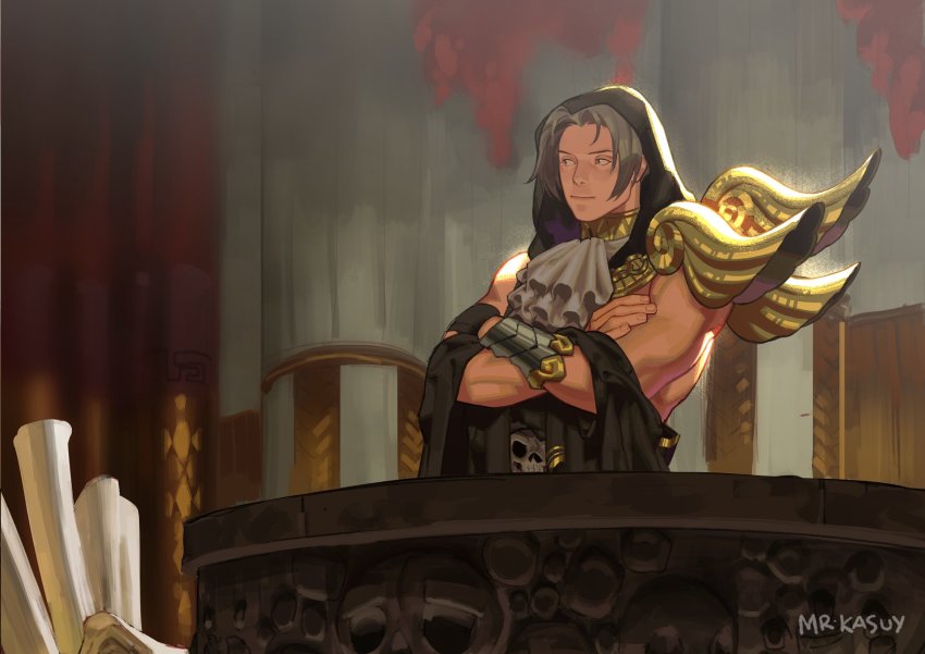 1boy ace_attorney ancient_greek_clothes armor ascot backlighting bracer character_request cosplay crossed_arms curtains greco-roman_clothes grey_hair hades_(series) hades_1 highres light_smile looking_to_the_side male_focus miles_edgeworth mr_kasuy parted_bangs pauldrons shoulder_armor single_bare_shoulder solo thanatos_(hades) thanatos_(hades)_(cosplay) toned toned_male
