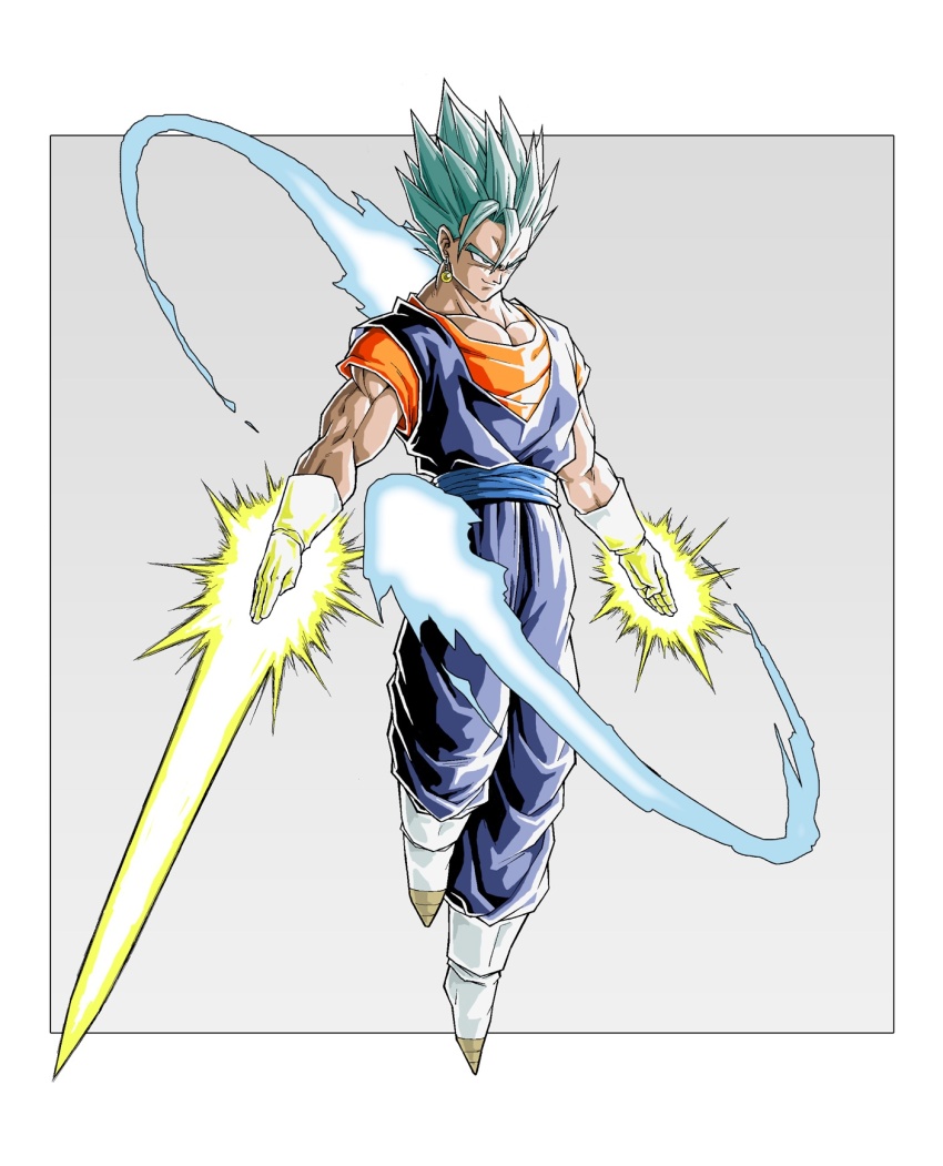 1boy aura blue_eyes blue_hair blue_pants blue_sash blue_shirt boots dougi dragon_ball dragon_ball_super dragon_ball_z_dokkan_battle energy_sword full_body gloves grey_background highres male_focus medium_hair muscular muscular_male n_(n14542698) orange_shirt pants sash shirt simple_background solo spiked_hair sword vegetto weapon white_boots white_gloves