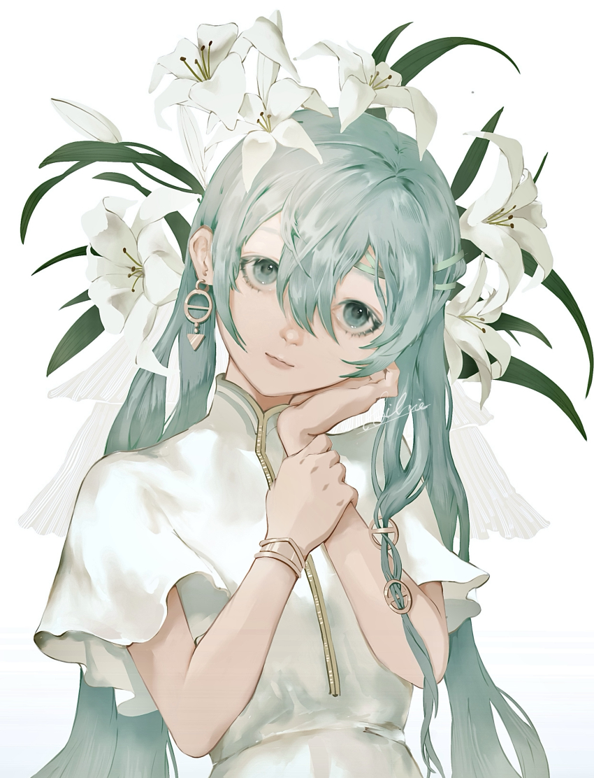 1girl 37_(reverse:1999) absurdres aqua_eyes aqua_hair closed_mouth earrings flower hair_between_eyes hand_on_own_cheek hand_on_own_face hand_on_own_wrist head_tilt highres holding_own_wrist jewelry lily_(flower) long_hair reverse:1999 shirt short_sleeves signature silvie_(sunako95206198) solo upper_body very_long_hair white_background white_flower white_shirt