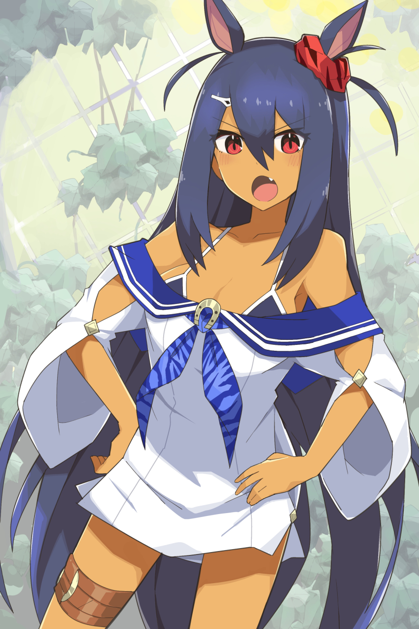 1girl absurdres animal_ears bikini black_hair blue_bikini blush breasts cleavage commentary_request cowboy_shot dark-skinned_female dark_skin ear_scrunchie fang hair_between_eyes hands_on_own_hips highres hishi_amazon_(umamusume) horse_ears horse_girl large_breasts long_hair long_sleeves looking_at_viewer nazono77 off-shoulder_shirt off_shoulder open_mouth red_eyes shirt simple_background smile swimsuit umamusume v-shaped_eyebrows very_long_hair white_background white_shirt
