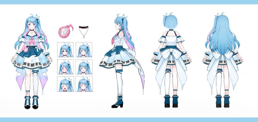 1girl ahoge back_bow black_choker blue_dress blue_footwear blue_hair bow breasts reference_sheet choker clock closed_mouth colored_inner_hair commentary dress english_commentary multiple_expressions full_body gradient_hair jewelry long_hair luzzi_(milllim) multicolored_hair multiple_views necklace official_art one_side_up piano_print pink_hair second-party_source serena_starstruck sidelocks single_thighhigh standing stellarversepro thighhighs virtual_youtuber white_thighhighs