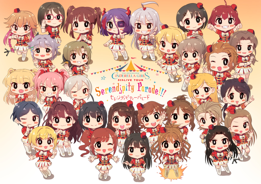 6+girls ahoge black_hair blonde_hair blush bow brown_hair chibi closed_mouth eyepatch fang fujimoto_rina glasses grey_hair hair_bow hair_ornament hairclip hayami_kanade hayasaka_mirei headphones heart hino_akane_(idolmaster) honda_mio hori_yuuko horns hoshi_syoko ichinose_shiki idolmaster idolmaster_cinderella_girls igarashi_kyoko jougasaki_mika jougasaki_rika kamijo_haruna kamille_(vcx68) kawashima_mizuki kimura_natsuki kohinata_miho koshimizu_sachiko long_hair looking_at_viewer matsunaga_ryo miyamoto_frederica mukai_takumi multicolored_hair multiple_girls namba_emi ninomiya_asuka ogata_chieri open_mouth parted_lips pink_hair ponytail purple_hair red_bow red_hair sakurai_momoka sasaki_chie scrunchie shibuya_rin shimamura_uzuki shiomi_syuko short_hair short_ponytail short_twintails side_ponytail skirt smile tada_riina takamori_aiko teeth twintails ueda_suzuho v white_skirt yamato_aki
