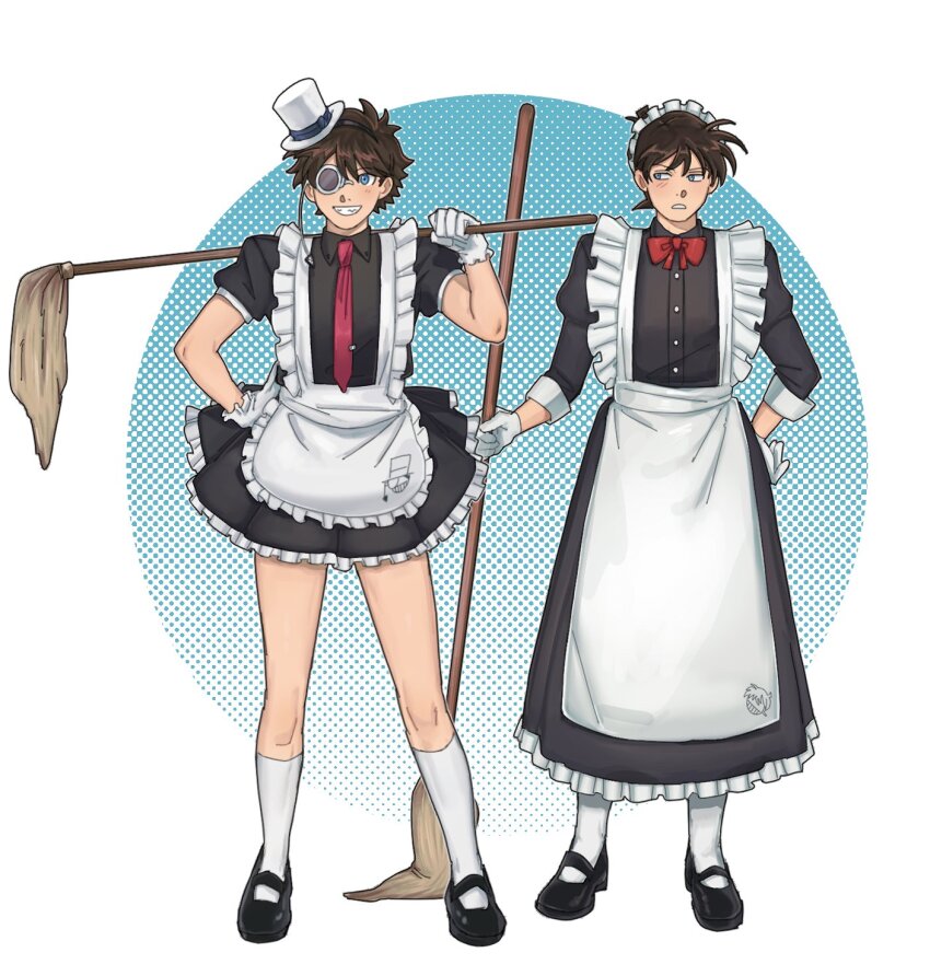 2boys alternate_costume apron blue_eyes bow brown_hair chinese_commentary commentary_request crossdressing dress enmaided frilled_apron frills gloves hand_on_own_hip hat highres holding holding_mop kaitou_kid kneehighs kudou_shin&#039;ichi long_dress magic_kaito maid maid_headdress male_focus meitantei_conan mini_hat mop multiple_boys necktie red_bow red_necktie short_dress socks sushiisiu top_hat white_gloves white_socks