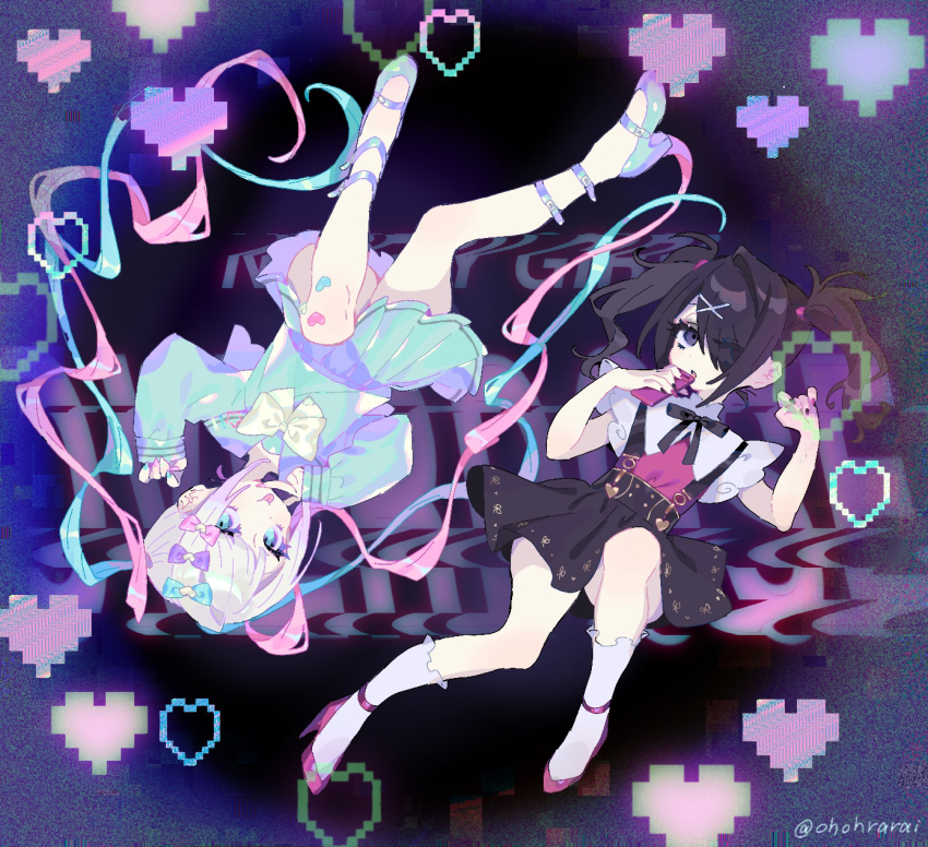 2girls :p ame-chan_(needy_girl_overdose) black_eyes black_hair blue_eyes chouzetsusaikawa_tenshi-chan dual_persona full_body heart highres jirai_kei long_hair looking_at_viewer multicolored_hair multiple_girls needy_girl_overdose oimo_(14sainobba) quad_tails rotational_symmetry school_uniform serafuku smile tongue tongue_out twintails very_long_hair