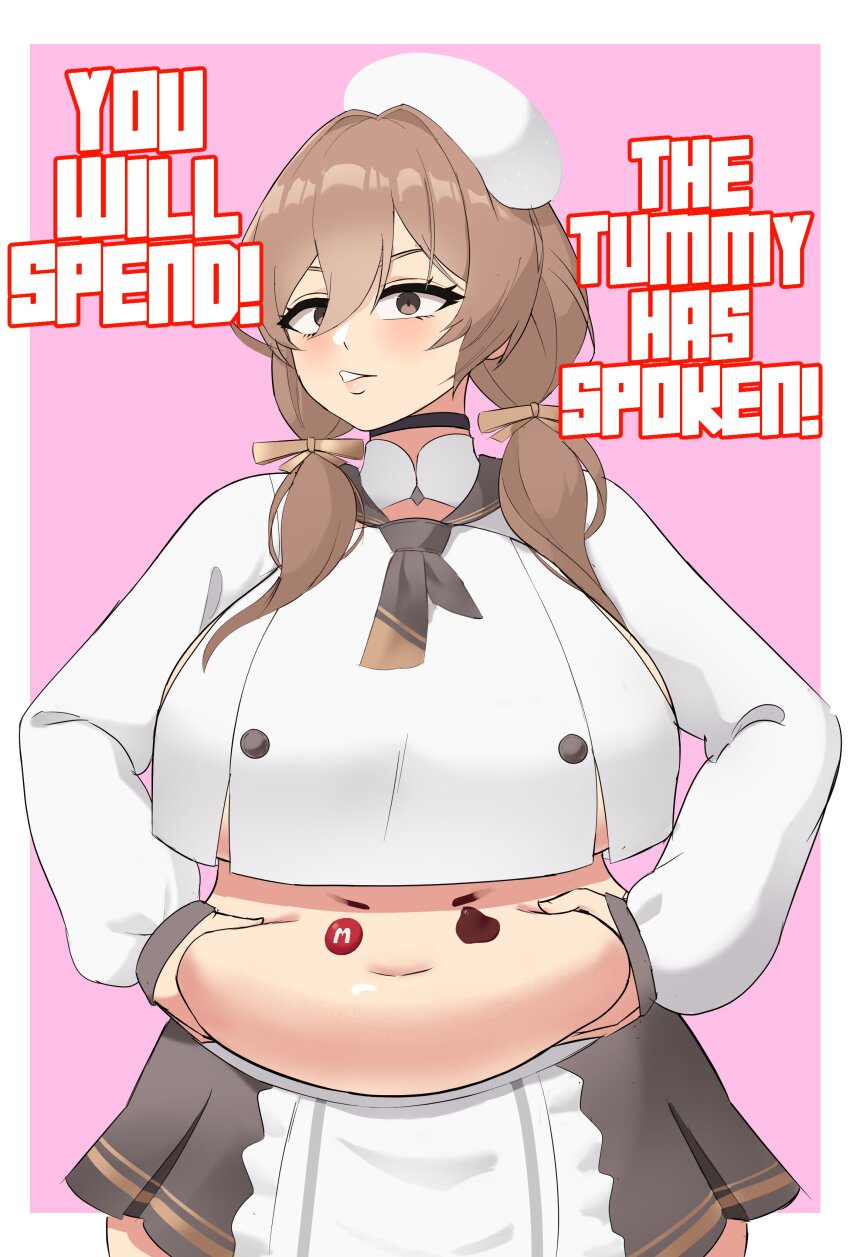 1girl absurdres apron border bready_(nikke) breasts brown_eyes brown_hair brown_skirt choker constricted_pupils cowboy_shot fat fat_woman goddess_of_victory:_nikke grabbing_own_stomach hair_between_eyes hat highres huge_breasts long_hair long_sleeves looking_at_viewer low_twintails miniskirt navel pink_background pleated_skirt shirt simple_background skirt solo standing stomach tiredtorto twintails white_border white_hat white_shirt