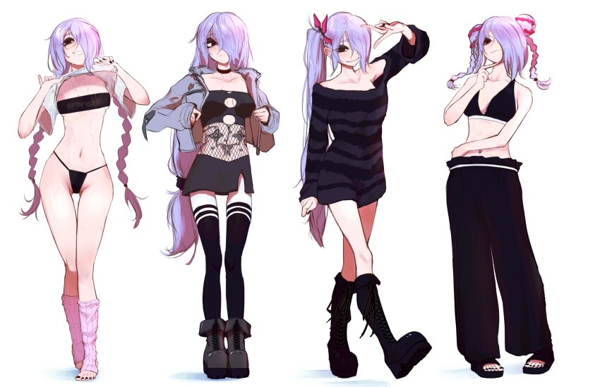 1girl bandeau black_bandeau black_boots black_panties black_pants boots breasts clothes_lift eranahh highres long_hair looking_at_viewer medium_breasts multiple_views navel original panties pants pink_hair shirt_lift shoes side_ponytail smile thighhighs underwear white_background