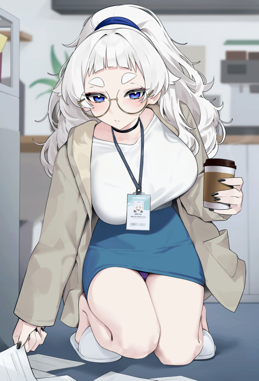 1girl absurdres black_choker black_nails blue_eyes blue_skirt blush breasts choker commentary cup glasses highres holding holding_cup id_card indoors jacket lanyard large_breasts long_hair looking_at_viewer meg_(wakamepiza) nail_polish office_lady open_clothes open_jacket original panties pantyshot picking_up shirt skirt solo symbol-only_commentary thick_eyebrows thighs underwear wakamepiza white_hair white_shirt