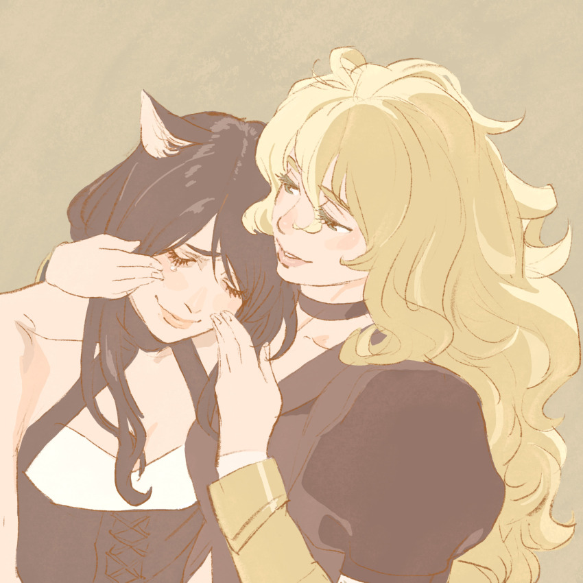 2girls 55bata6rou animal_ears black_choker black_hair black_shirt blake_belladonna blonde_hair cat_ears choker closed_eyes half-closed_eyes hands_on_another&#039;s_face highres long_hair looking_at_another multiple_girls rwby shirt smile tears upper_body wavy_hair yang_xiao_long