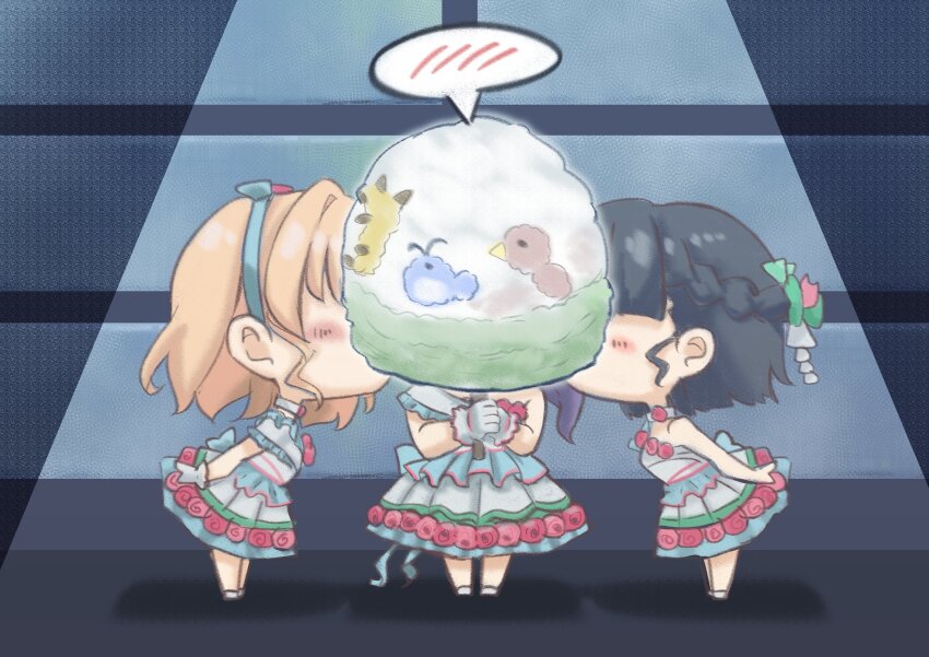 3girls 4th_live_dream_~bloom_the_dream_believers~ black_hair braid cerise_bouquet chibi chibi_only commentary_request cotton_candy dress food frilled_gloves frills girl_sandwich gloves half_up_braid highres hinoshita_kaho holding holding_cotton_candy holding_food kiss kissing_cheek link!_like!_love_live! long_hair love_live! matsurugi_tsukasa momose_ginko multiple_girls official_alternate_costume orange_hair otomune_kozue ponytail purple_hair sandwiched shoes short_hair single-shoulder_dress single_bare_shoulder speech_bubble spoken_blush spotlight stage standing virtual_youtuber white_dress white_gloves white_shoes yume_wazurai yuri