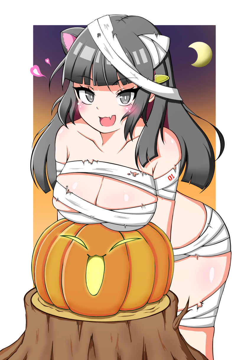 1girl absurdres animal_ears bandages black_hair blush breasts cat_ears commentary_request envy_cat_walk_(vocaloid) extra_ears fang grey_eyes halloween hatsune_miku hatsune_miku_(chat_noir) highres jack-o&#039;-lantern large_breasts long_hair looking_at_viewer mummy_costume naked_bandage nissannaoaka official_alternate_hair_color open_mouth project_diva_(series) skin_fang solo vocaloid