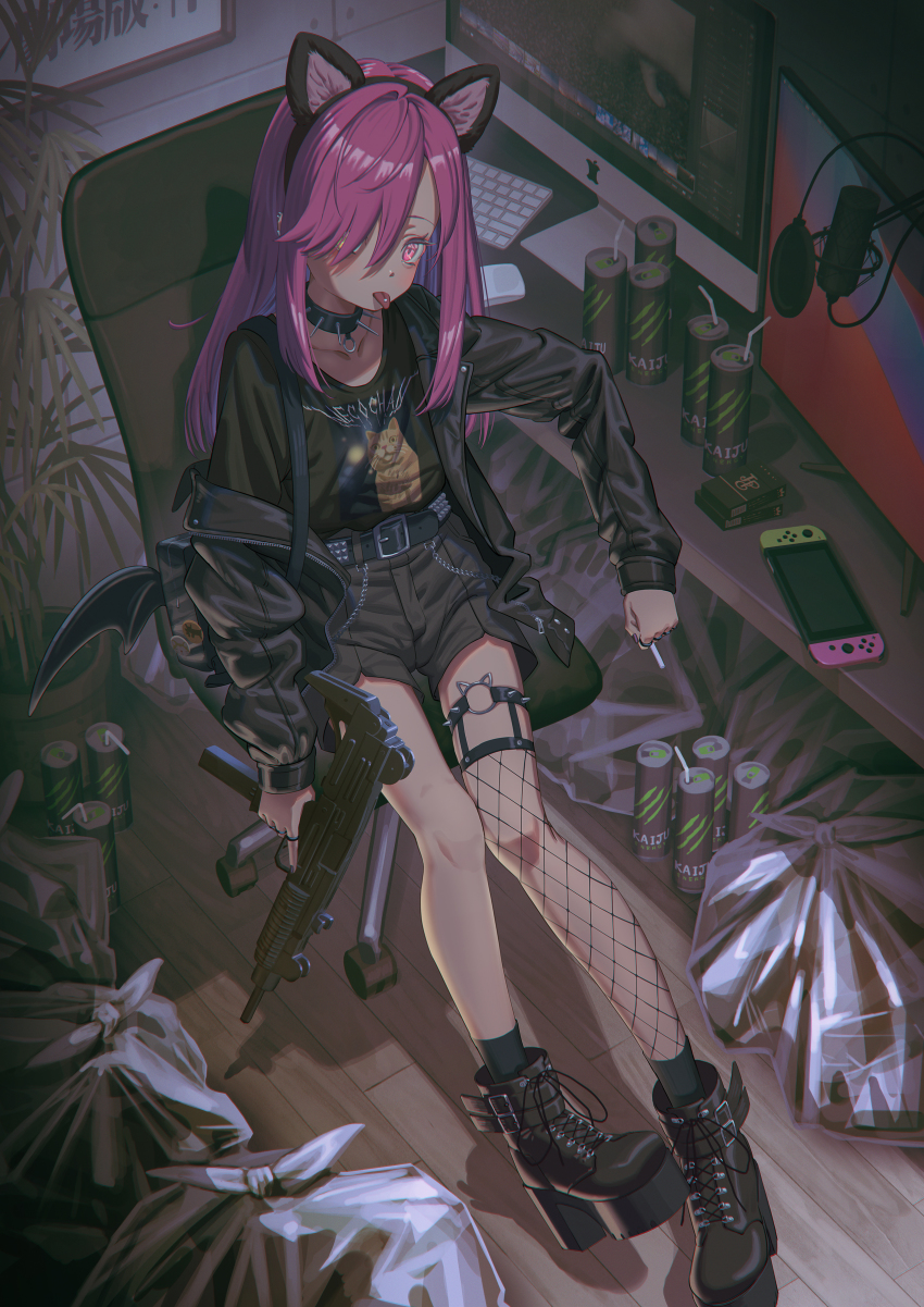 1girl absurdres animal_ears ankle_boots apple_inc. asymmetrical_legwear belt belt_boots boots brand_name_imitation cat_ears chair cigarette cigarette_pack collar computer computer_keyboard drinking_straw fake_animal_ears fishnet_thighhighs fishnets goth_fashion gun hair_over_one_eye high_heel_boots high_heels highres hironii_(hironi3) holding holding_gun holding_weapon indoors jacket lace-up_boots leather leather_jacket long_hair machine_pistol meme microphone monitor monster_energy nintendo_switch office_chair original piercing pink_eyes pink_hair platform_boots platform_footwear punk punkish_gothic short_shorts shorts single_thighhigh sitting socks socks_over_thighhighs solo space_cat_(meme) spiked_collar spikes studded_belt submachine_gun swivel_chair thighhighs tongue tongue_piercing trash_bag uzi weapon