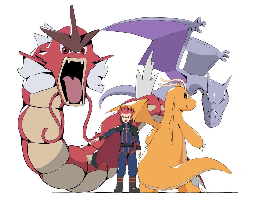 1boy aerodactyl alternate_color belt black_belt black_boots black_cape black_eyes blue_jacket blue_pants boots cape commentary dragonite gen_1_pokemon gyarados highres jacket lance_(pokemon) long_sleeves looking_at_viewer male_focus nintendo open_mouth pants pokemon pokemon_(creature) pokemon_hgss psaber97 red_hair shiny_pokemon short_hair spiked_hair standing white_background