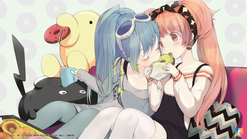 2girls aqua_hair aqua_pantyhose artist_name blush casual closed_eyes company_name cup donut earrings eating end_card food food-themed_earrings gin_(oyoyo) glasses hairband highres holding_another&#039;s_arm jewelry lightning_bolt_earrings lightning_bolt_symbol long_hair mug multiple_girls off-shoulder off-shoulder_sweater off_shoulder old-fashioned_donut pantyhose polka_dot red_eyes red_hair shared_food sumako_(ultra_super_anime_time) sunglasses supika_(ultra_super_anime_time) sweater thighhighs ultra_super_anime_time white_legwear