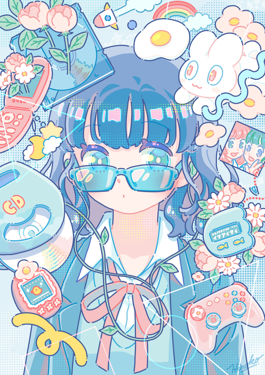 1990s_(style) 1girl absurdres blue-tinted_eyewear blue_hair cd cd_player cellphone commentary controller english_commentary flip_phone flower fried_egg game_controller headphones heisei_retro highres hiro046k long_hair looking_at_viewer memphis_design original phone photo_(object) rainbow retro_artstyle signature sunglasses tamagotchi tinted_eyewear upper_body