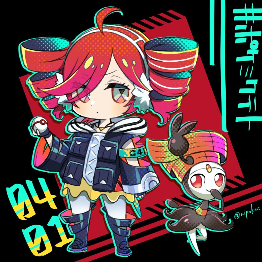 1girl ahoge arm_at_side birthday black_boots black_gloves black_jacket blue_shirt blush boots chibi chibi_only closed_mouth drill_hair fingerless_gloves full_body gen_5_pokemon gloves grey_eyes hair_over_one_eye highres holding holding_poke_ball jacket jewelry kasane_teto legendary_pokemon long_sleeves luxury_ball meloetta meloetta_(pirouette) mipokec mythical_pokemon necklace nintendo orange_eyes pantyhose poke_ball pokemon pokemon_(creature) project_voltage rival_teto_(project_voltage) see-through_clothes see-through_skirt shirt skirt symbol-shaped_pupils triangle-shaped_pupils twin_drills utau vocaloid white_pantyhose yellow_skirt