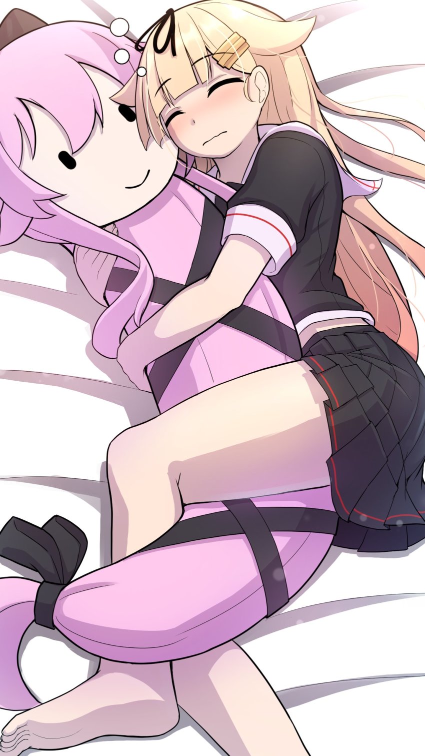 1girl absurdres barefoot black_ribbon black_serafuku black_skirt blonde_hair closed_eyes commentary_request hair_flaps hair_ribbon highres hugging_doll hugging_object kantai_collection long_hair narashika_asuka pleated_skirt ribbon sailor_collar school_uniform serafuku skirt sleeping snake solo white_sailor_collar yura_(kancolle) yura_(snake) yuudachi_(kancolle) yuudachi_kai_ni_(kancolle)
